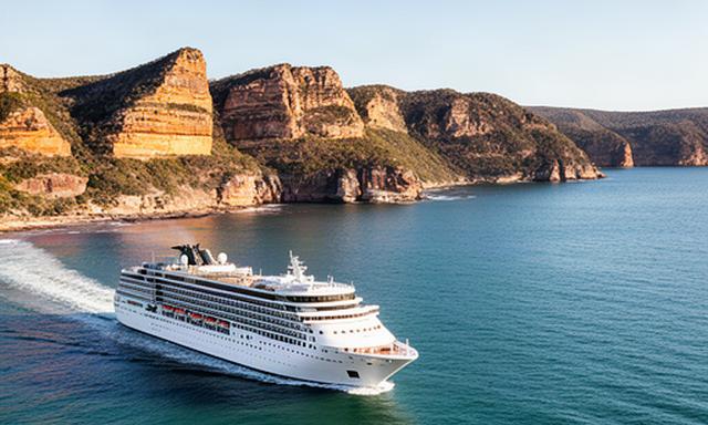 Passenger cruise ship sailing past the rugged Australian coastline in clear afternoon light