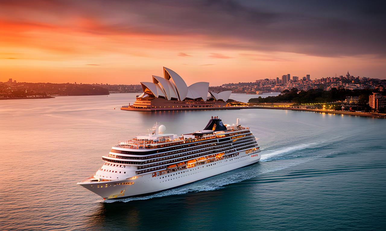 Passenger ship leaving Sydney Harbour at sunset, with the Opera House and harbour shoreline in view