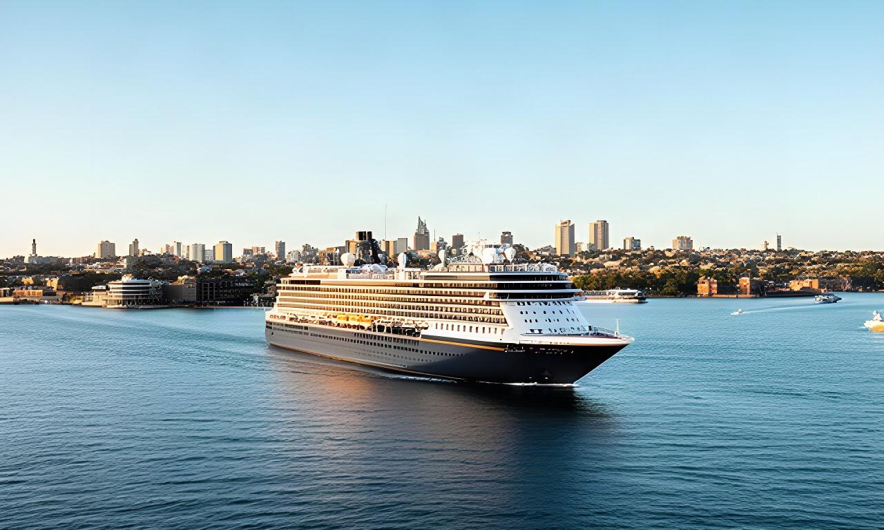 Cruise ship leaving Sydney Harbour in clear morning light, with the city shoreline visible behind it
