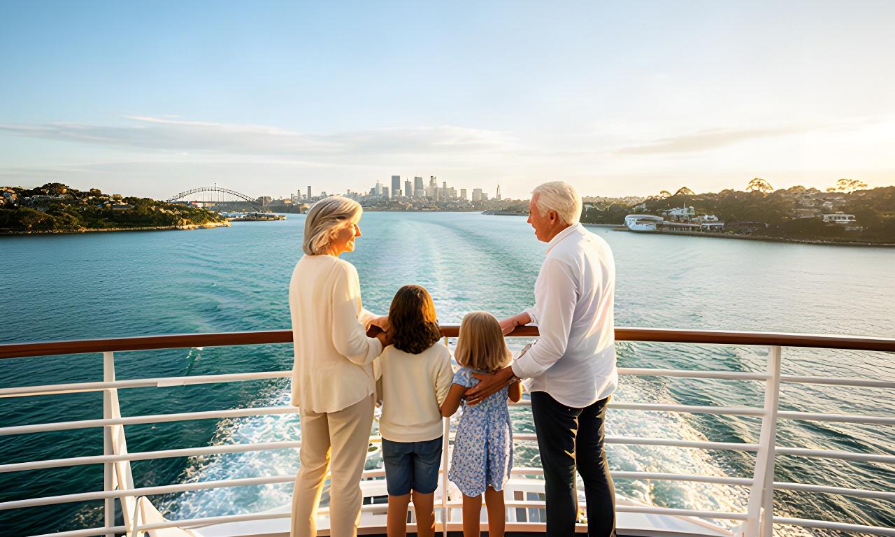 Parents and children looking out over the harbour from the open deck of a cruise ship departing Sydney
