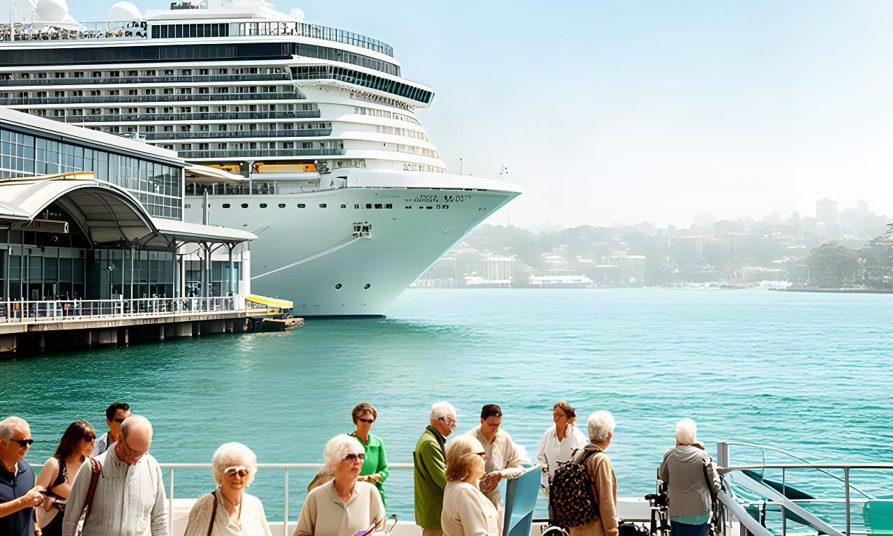 Cruise ship alongside a Sydney harbour terminal as passengers prepare to board