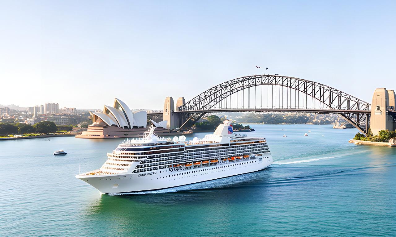 Passenger ship passing the Sydney Harbour Bridge in clear morning light, with the Opera House visible beside the channel