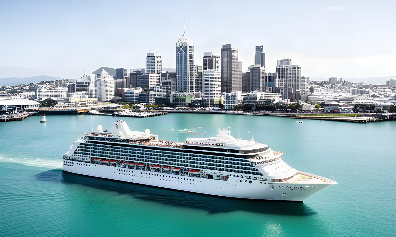 Cruise ship alongside Auckland's waterfront with the city skyline visible beyond the harbour