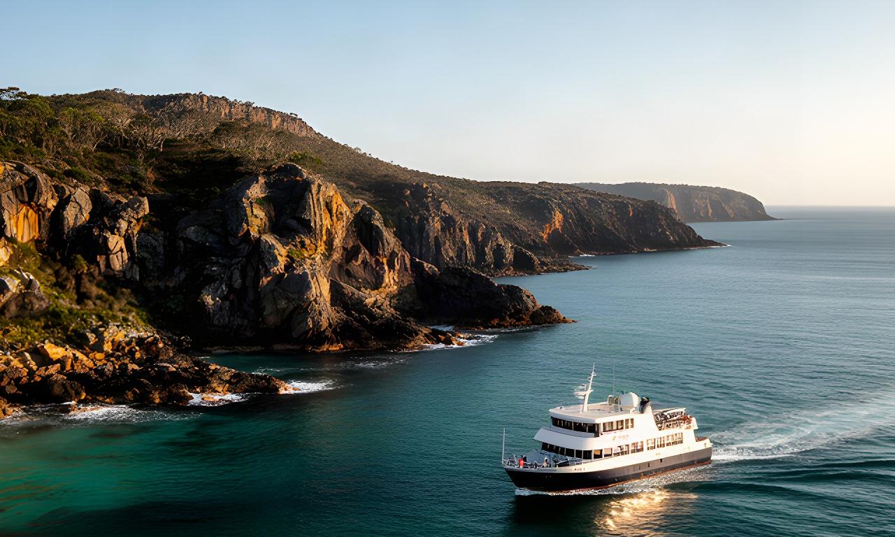 Small expedition ship travelling beside a rugged Australian coastline in clear morning light