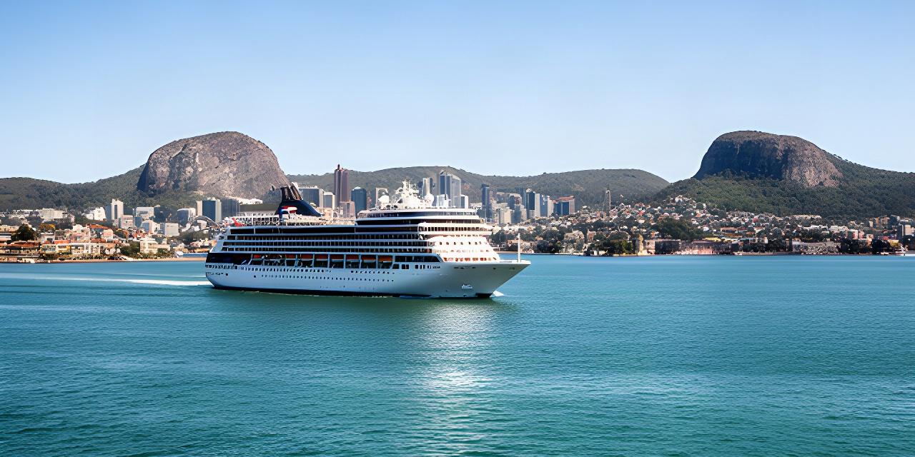 Passenger cruise ship approaching Sydney Harbour with the city shoreline and headlands visible in clear daylight