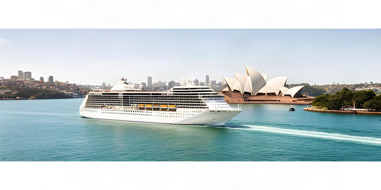 Cruise ship crossing Sydney Harbour in daylight, with the Opera House and harbour shoreline visible behind it